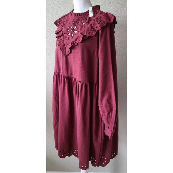 NWT Madewell Boho Festival Dress Large Western Eyelet Ruffle Embroidery Burgundy - Picture 8 of 16